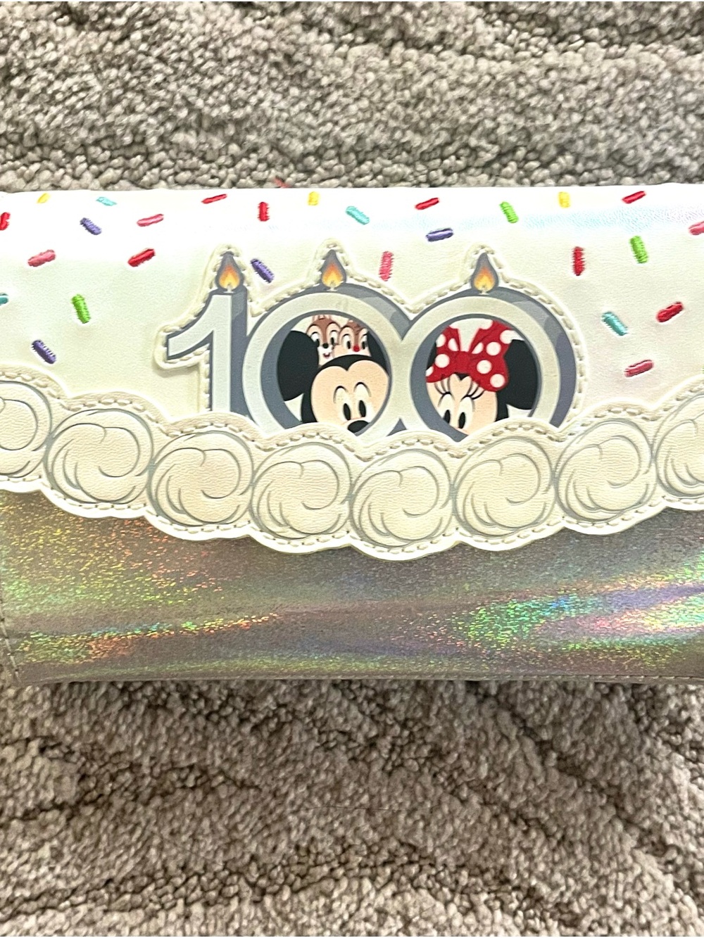 NEW Disney 100 Celebration Holographic Party Clutch White with Rainbow Sprinkles